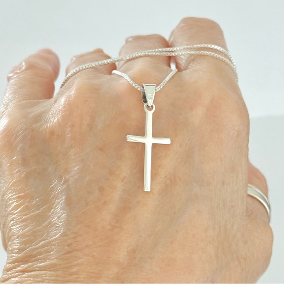 Sterling Silver Small Cross Necklace, Silver Chain, Religious Dainty Jewelry - Picture 3 of 14